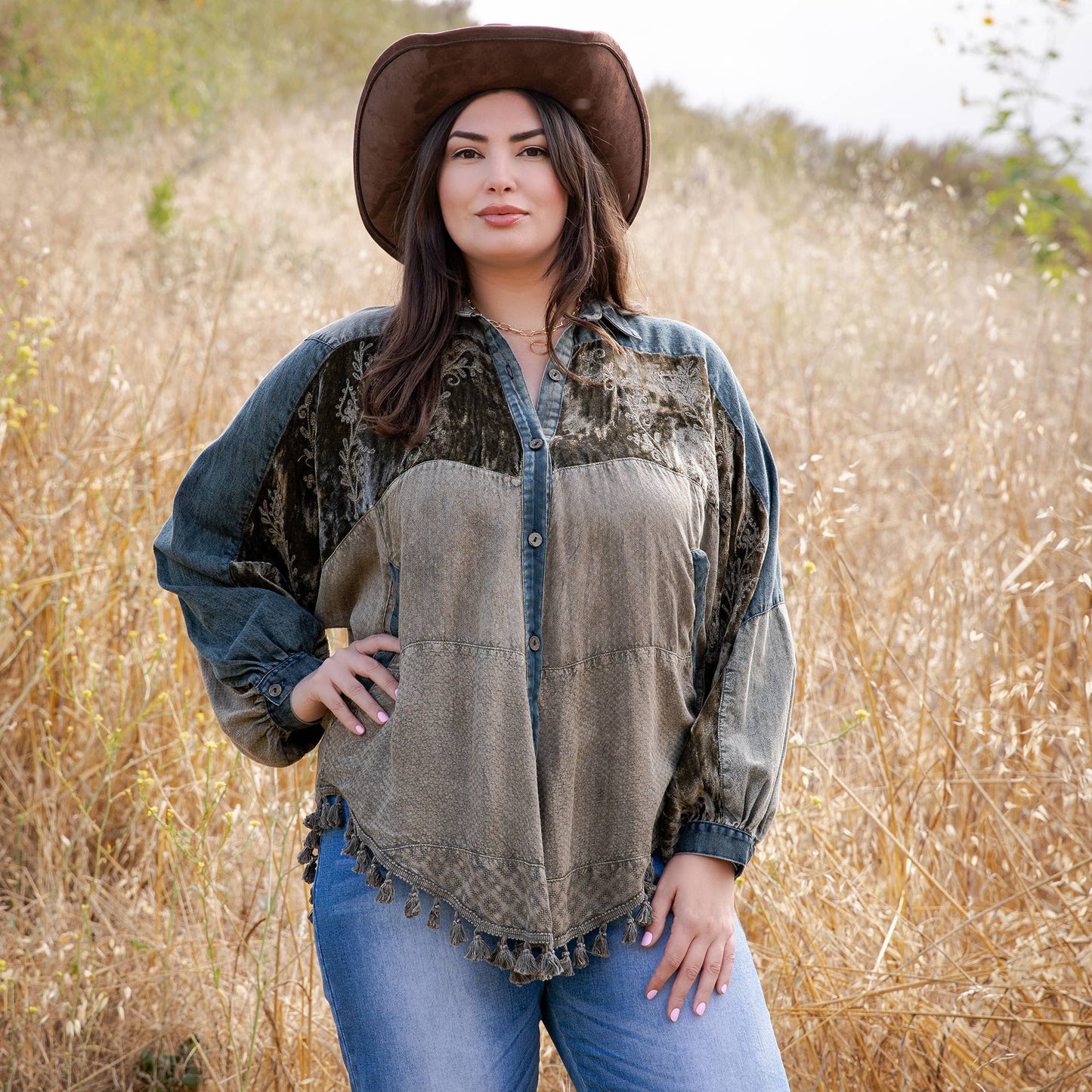 Boho Embroidered Velvet & Denim Shacket Top NEW