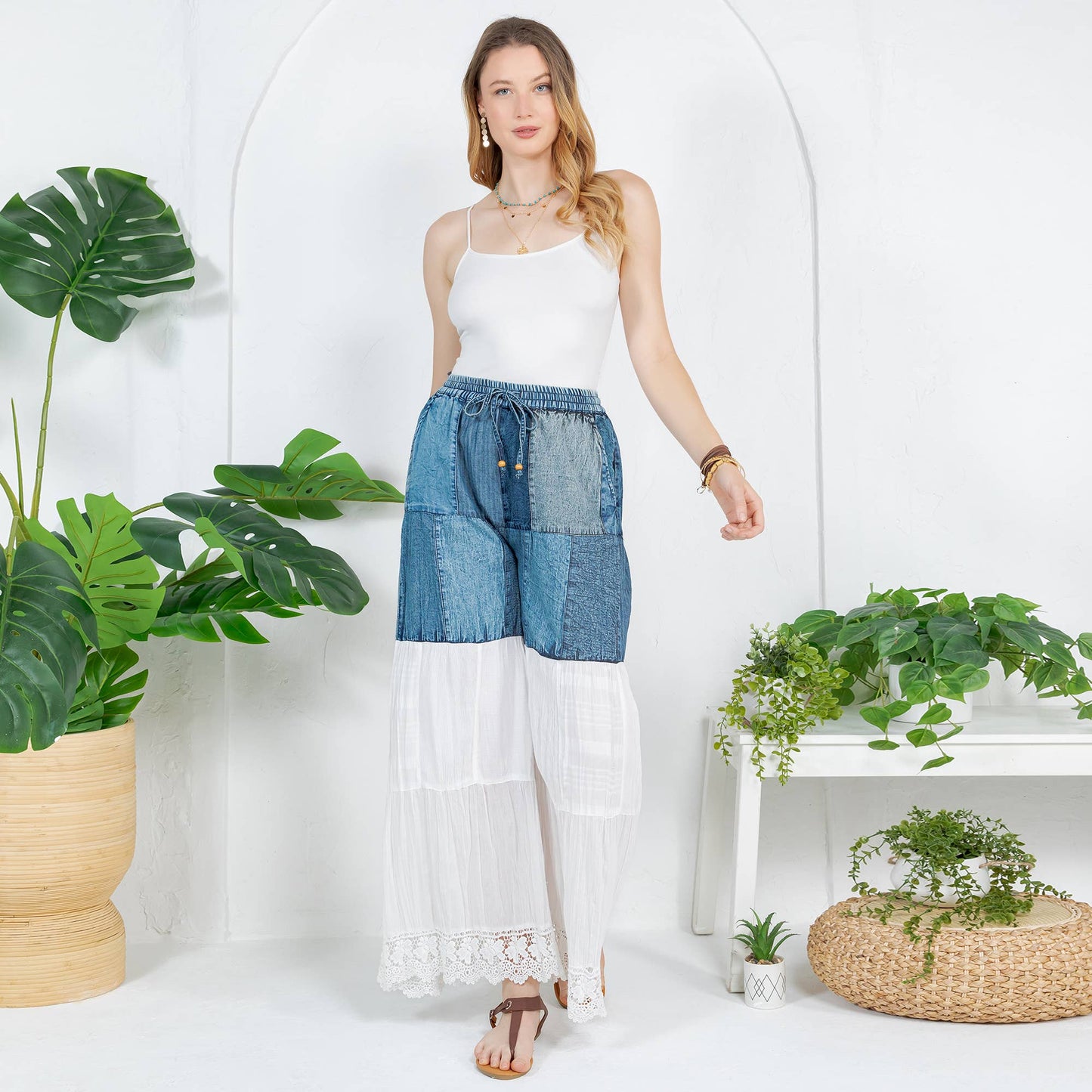 Boho-Inspired Long Denim Pants with Solid Patches