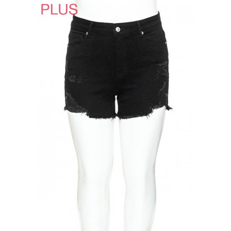 PLUS MID RISE DESTRUCTED DENIM SHORTS: DARK / 3XL