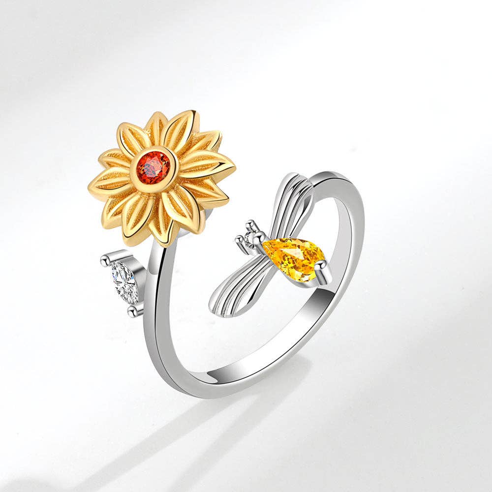 Sunflower Anxiety Fidget Spinner Ring in 925 Sterling Silver