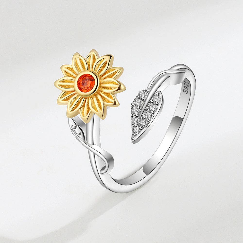 Sunflower Anxiety Fidget Spinner Ring in 925 Sterling Silver