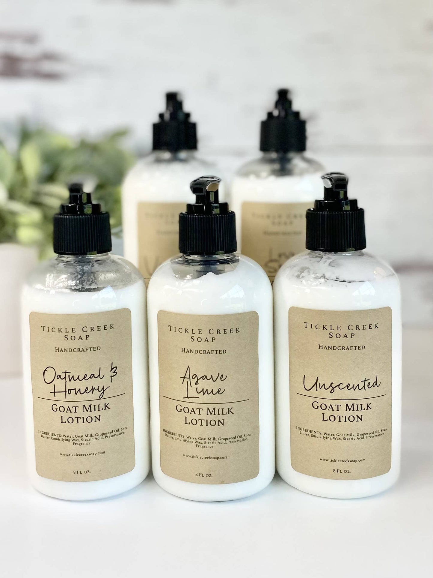 Goat Milk Lotion in Pump: Oatmeal & Honey, Lavender, Beach Bum, Agave Lime and Love Spell
