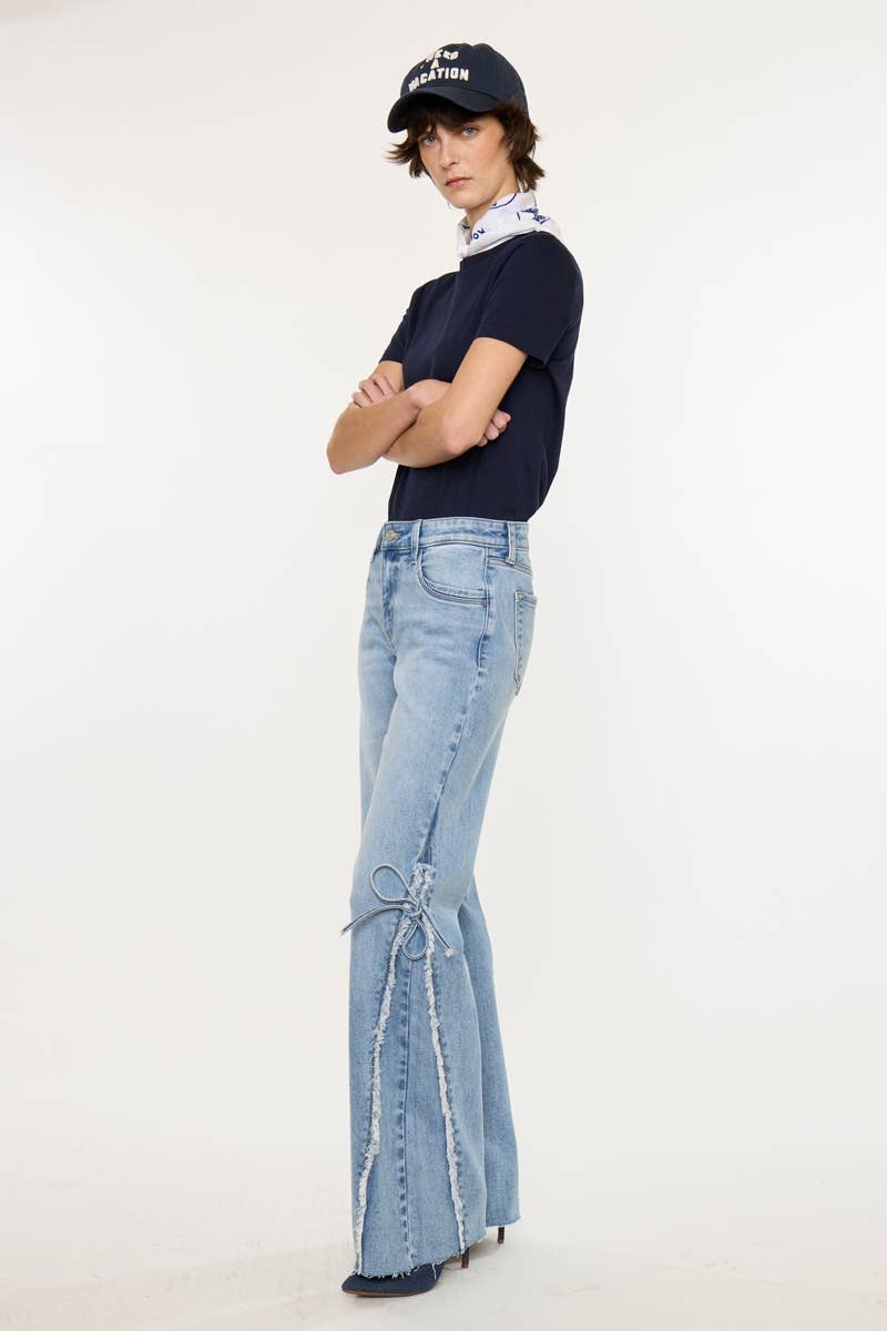 FRAYED AND TIED FLARE DENIM