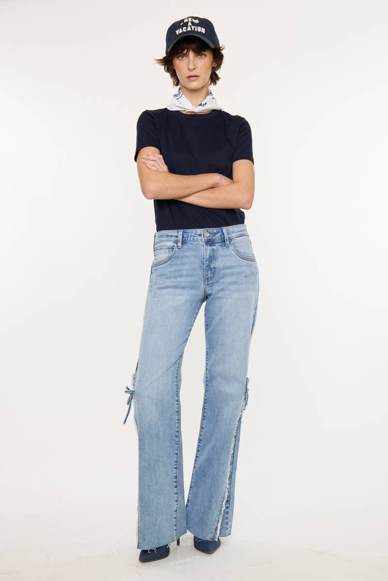 FRAYED AND TIED FLARE DENIM