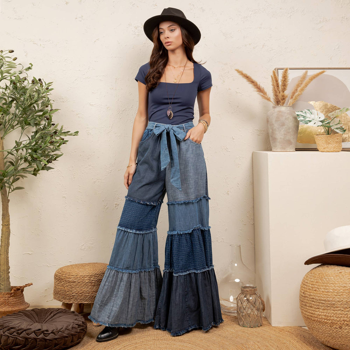 Boho Mixed-Denim Bell-Bottom Pant