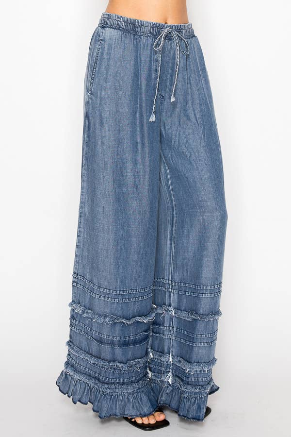 Boho Tiered Chambray Wide Leg Palazzo Pants