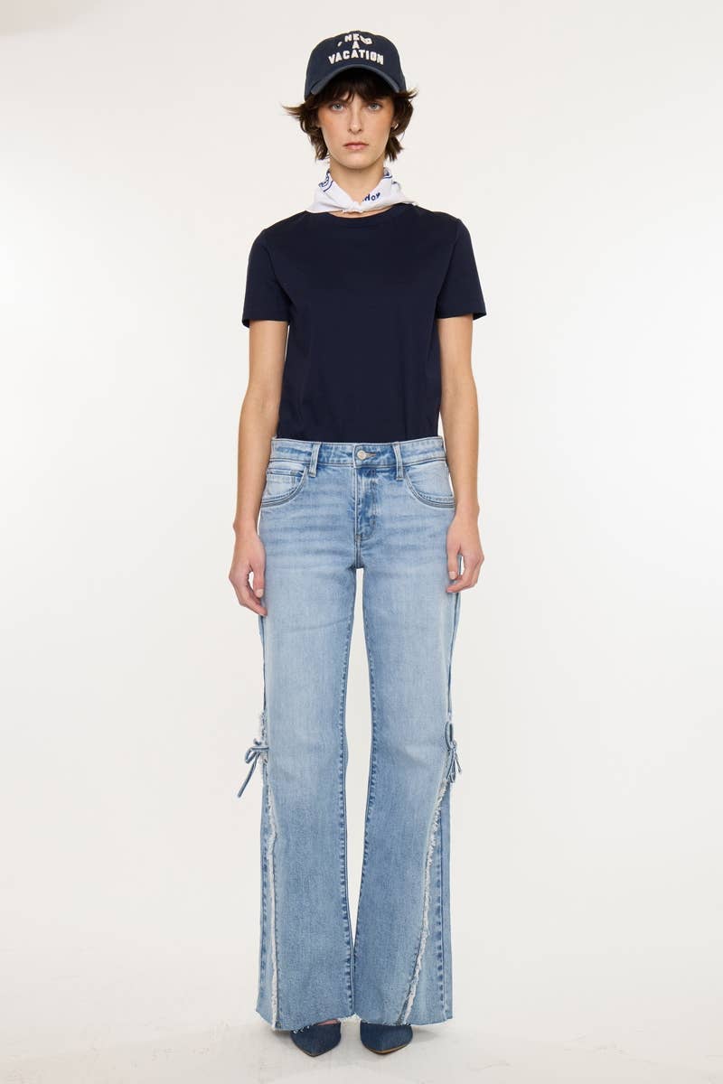 FRAYED AND TIED FLARE DENIM