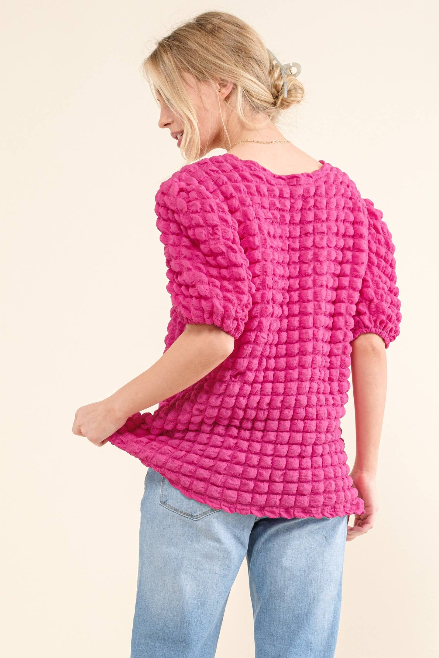 ATW14905 - Bubble Textured Round Neck Blouse Top: M / Fuchsia