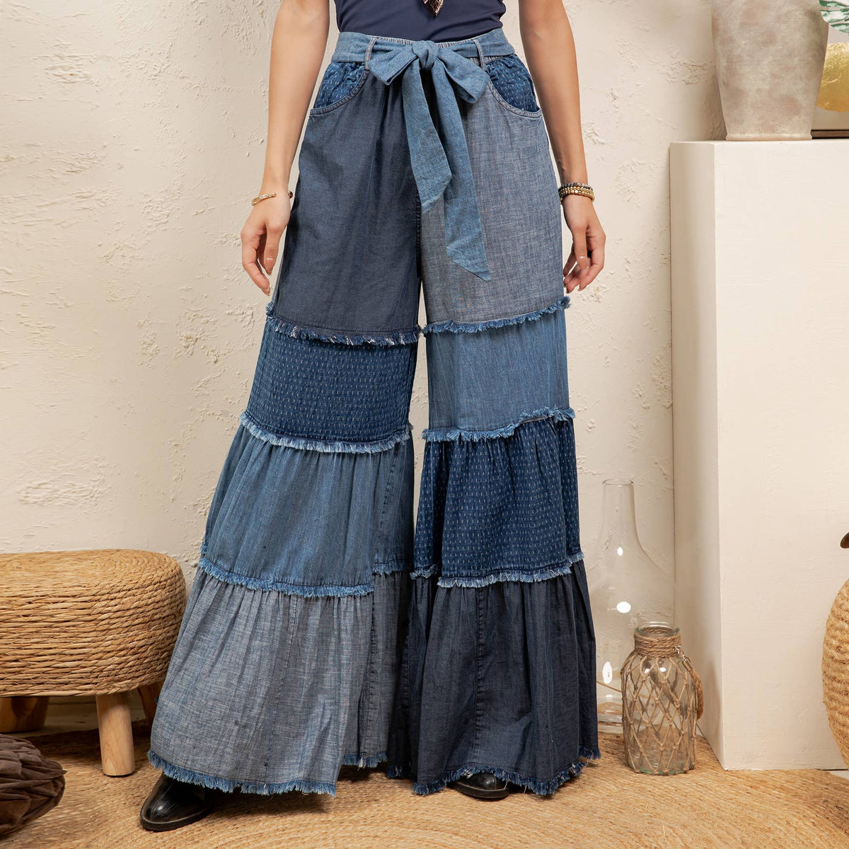 Boho Mixed-Denim Bell-Bottom Pant