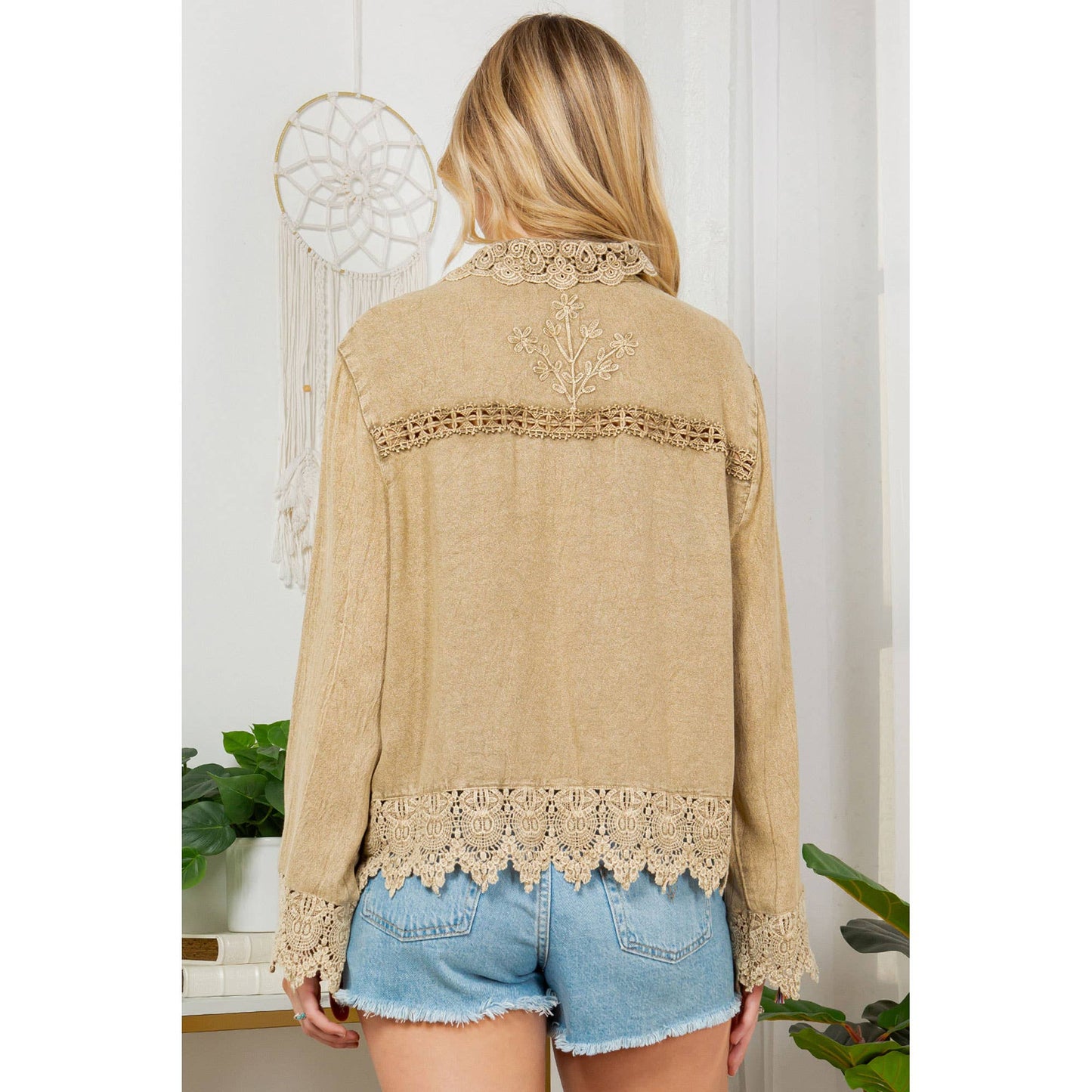 Lace-Inspired Trucker Jacket Top Lace Inserts, Soft Collar