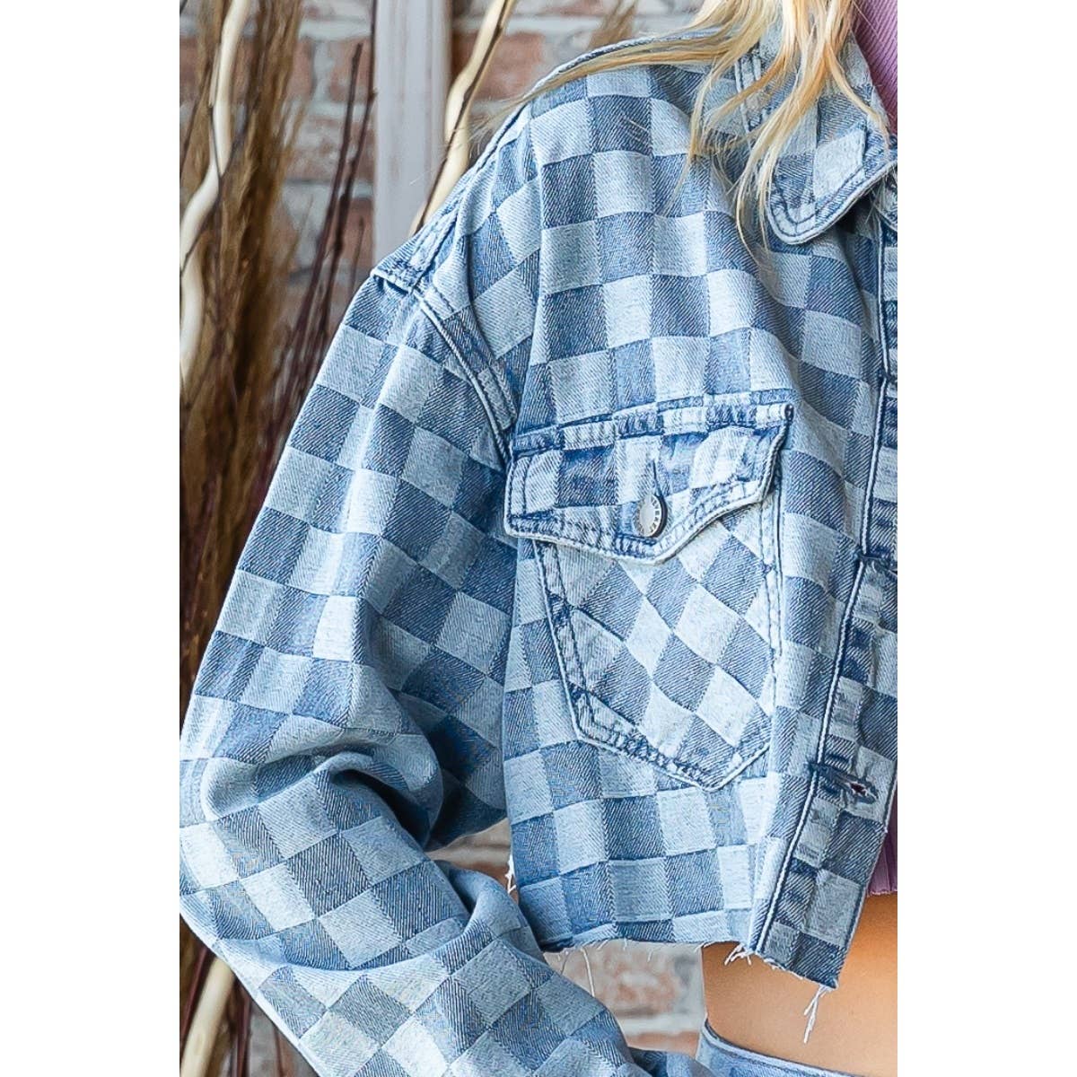 Checkered Print Cutted Hem Cropped Denim Top
