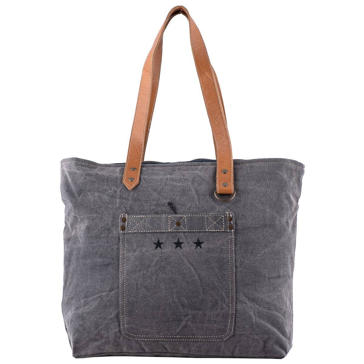 Canvas Leather Metal Stars Women's Tote Bag - Gray