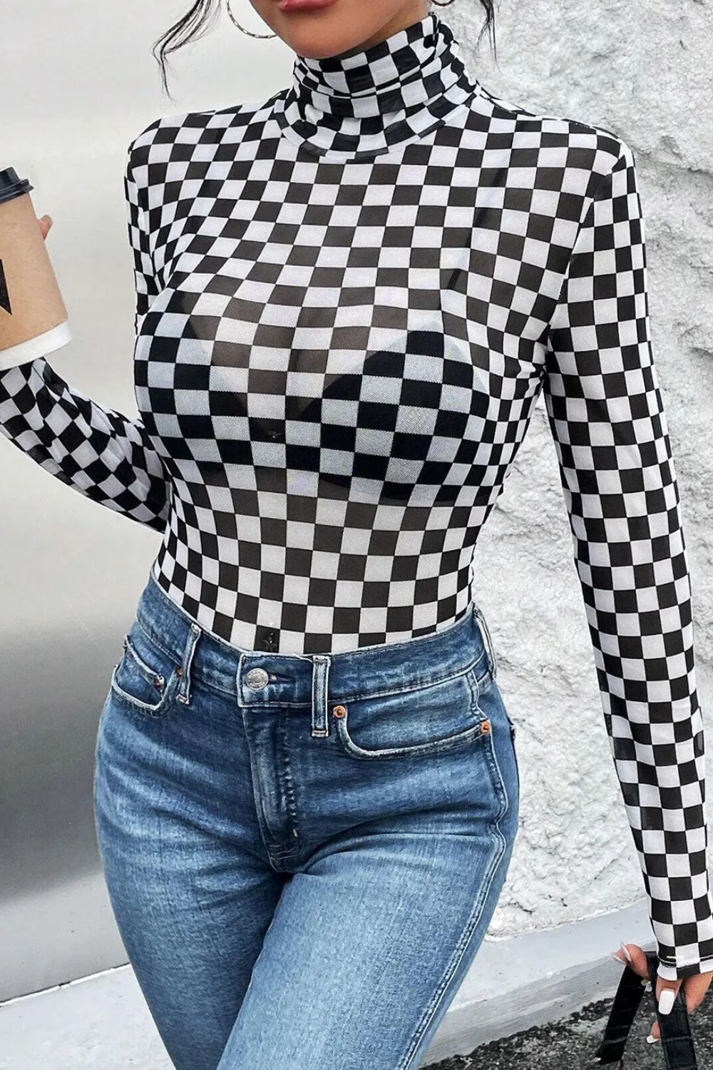 Checkered Black/White long sleeve turtle neck mesh body suit.