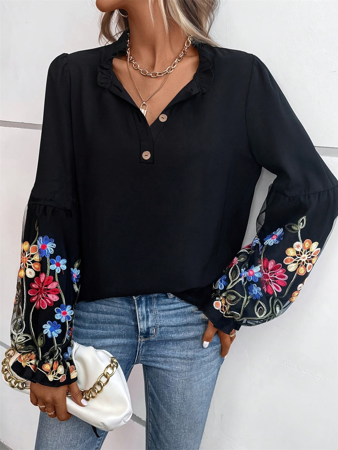 Floral embroidered long sleeve shirt