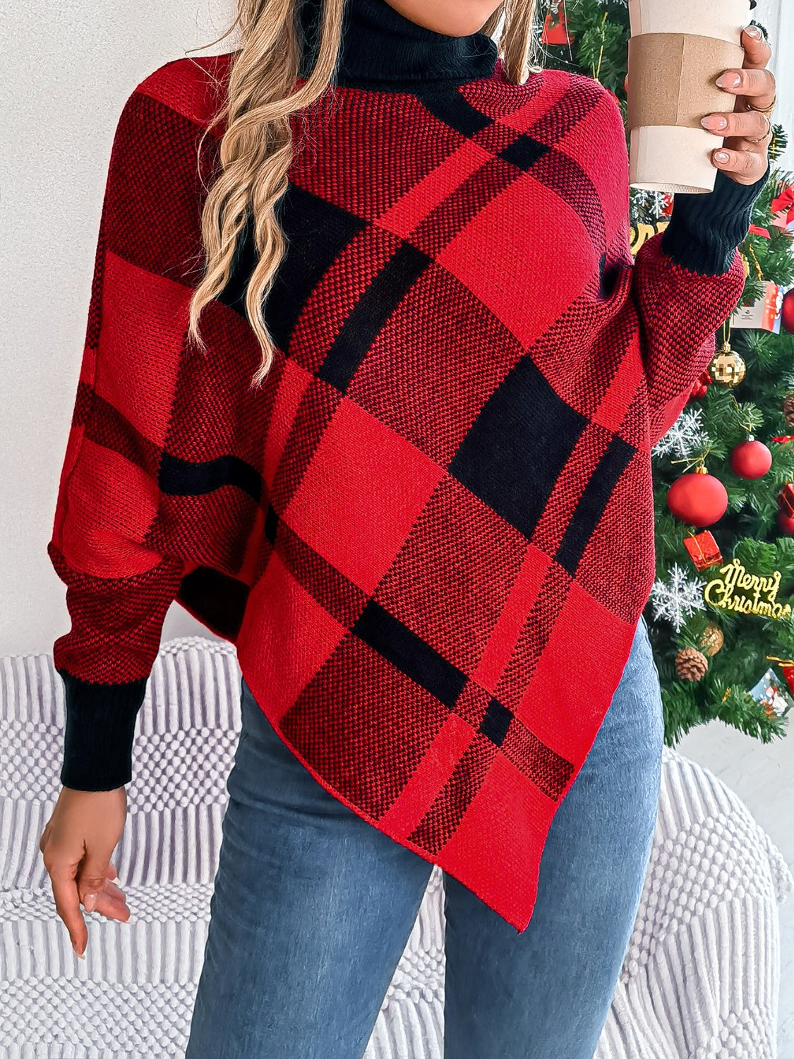 Plaid turtleneck batwing sleeve sweater.