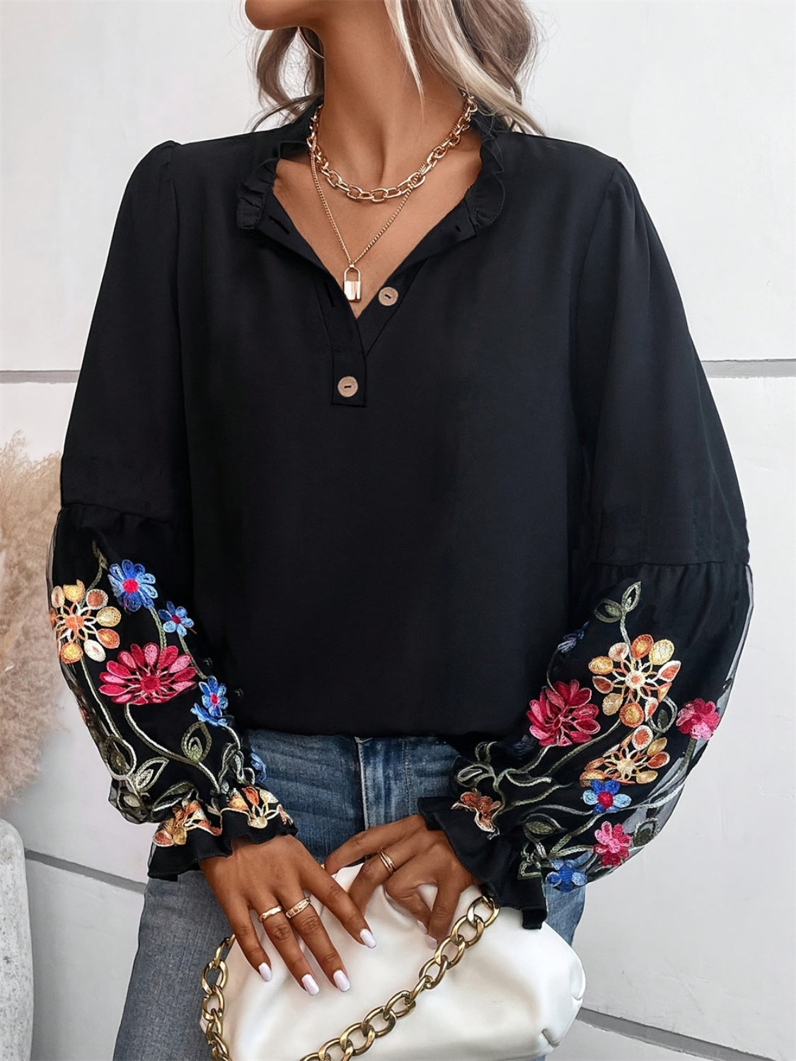 Floral embroidered long sleeve shirt