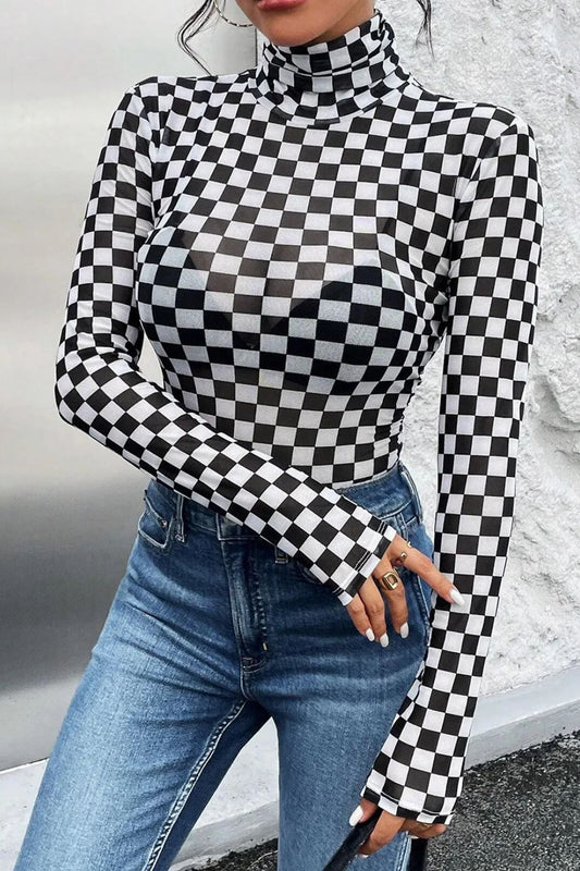 Checkered Black/White long sleeve turtle neck mesh body suit.