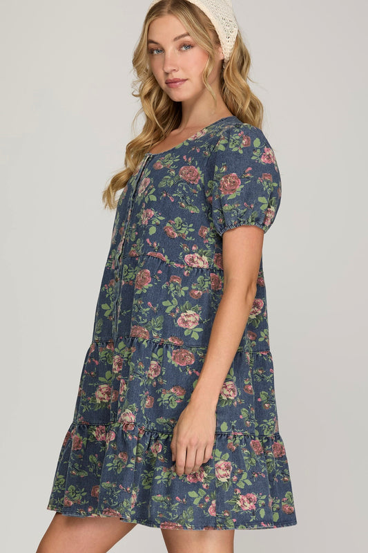 Puff Sleeve Button Down Tiered Print Denim Dress