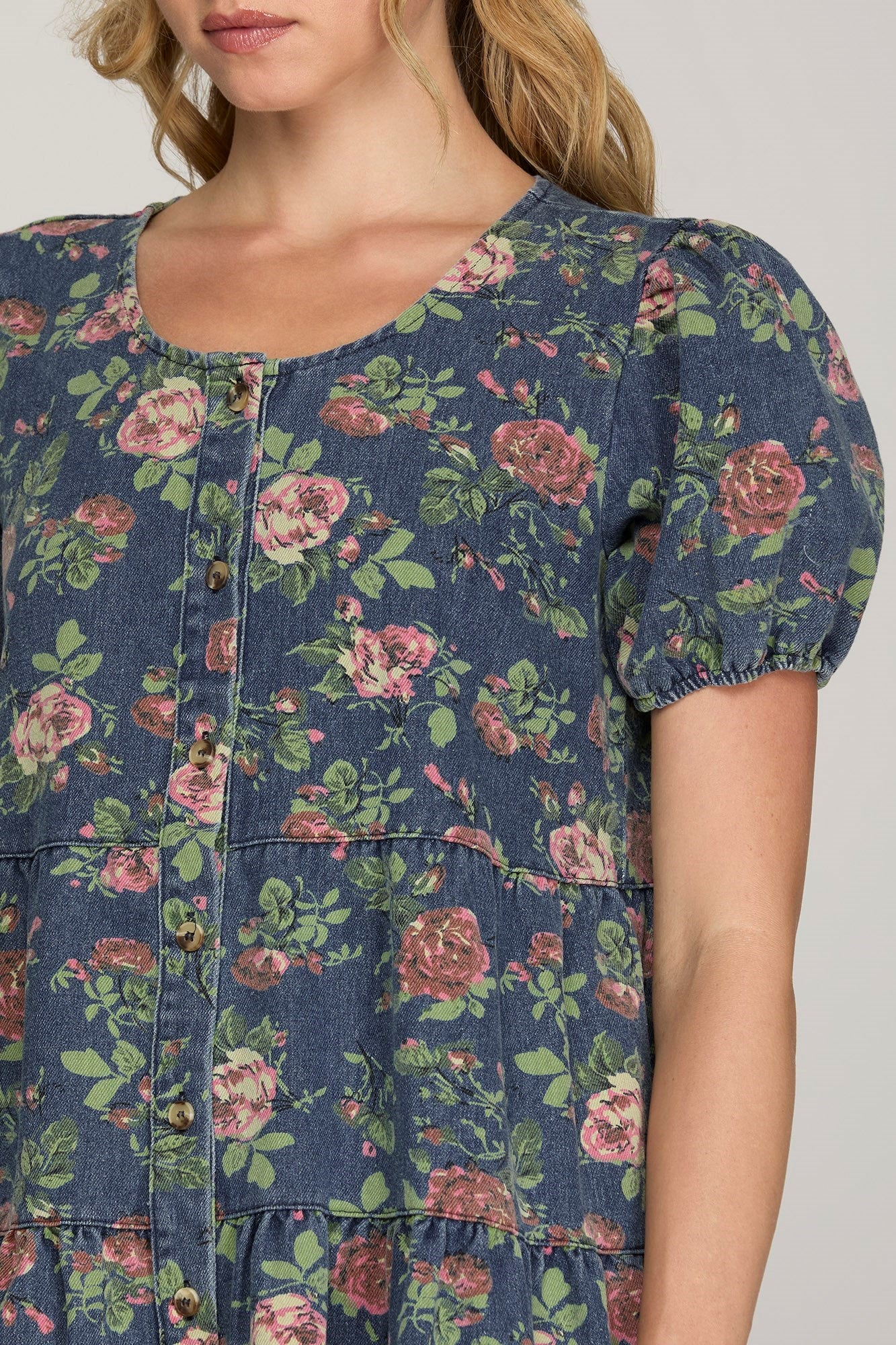 Puff Sleeve Button Down Tiered Print Denim Dress