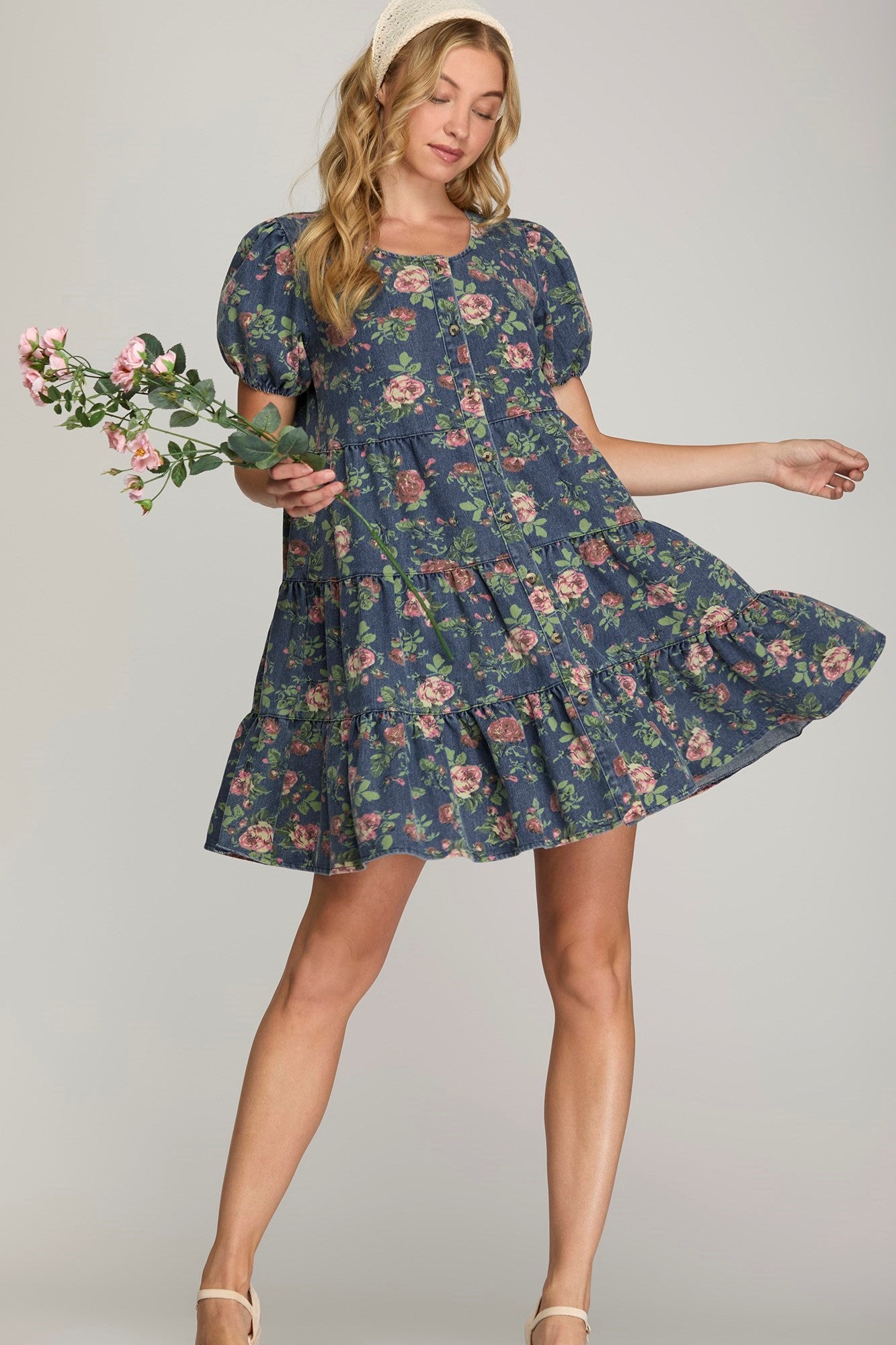 Puff Sleeve Button Down Tiered Print Denim Dress