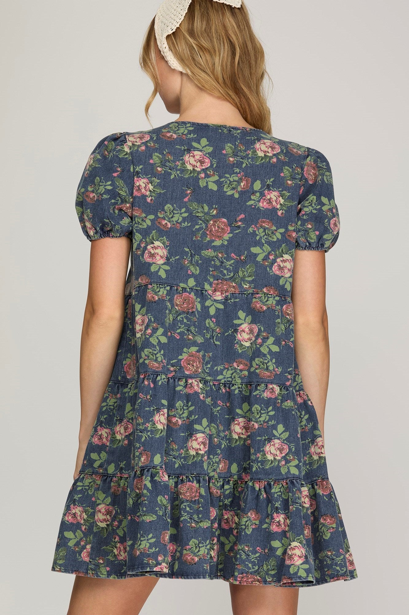 Puff Sleeve Button Down Tiered Print Denim Dress