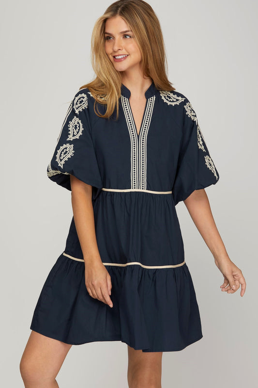 Bubble Sleeve Embroidered Mini Dress with Pockets
