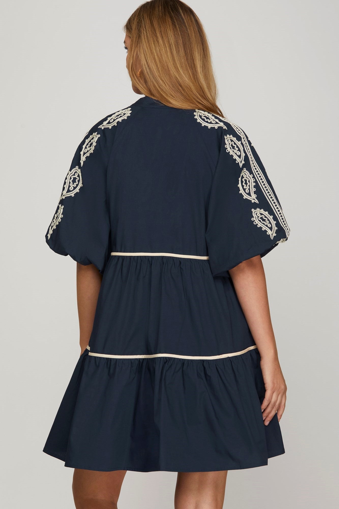 Bubble Sleeve Embroidered Mini Dress with Pockets