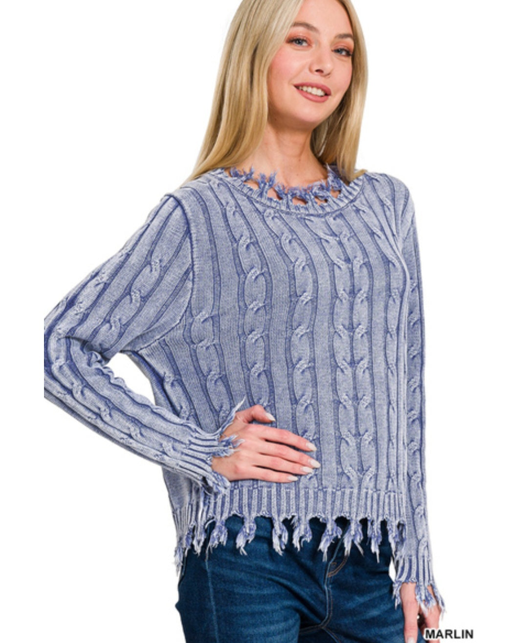 Zenana Cable Knit Fringed Sweater