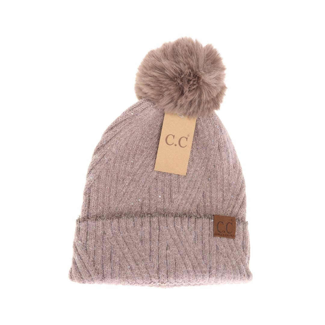 Sequin Faux Fur Pom C.C Beanie HTS0006