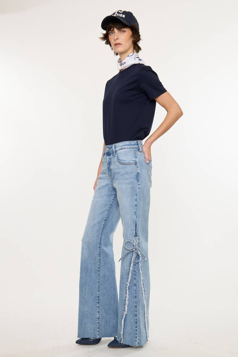 FRAYED AND TIED FLARE DENIM
