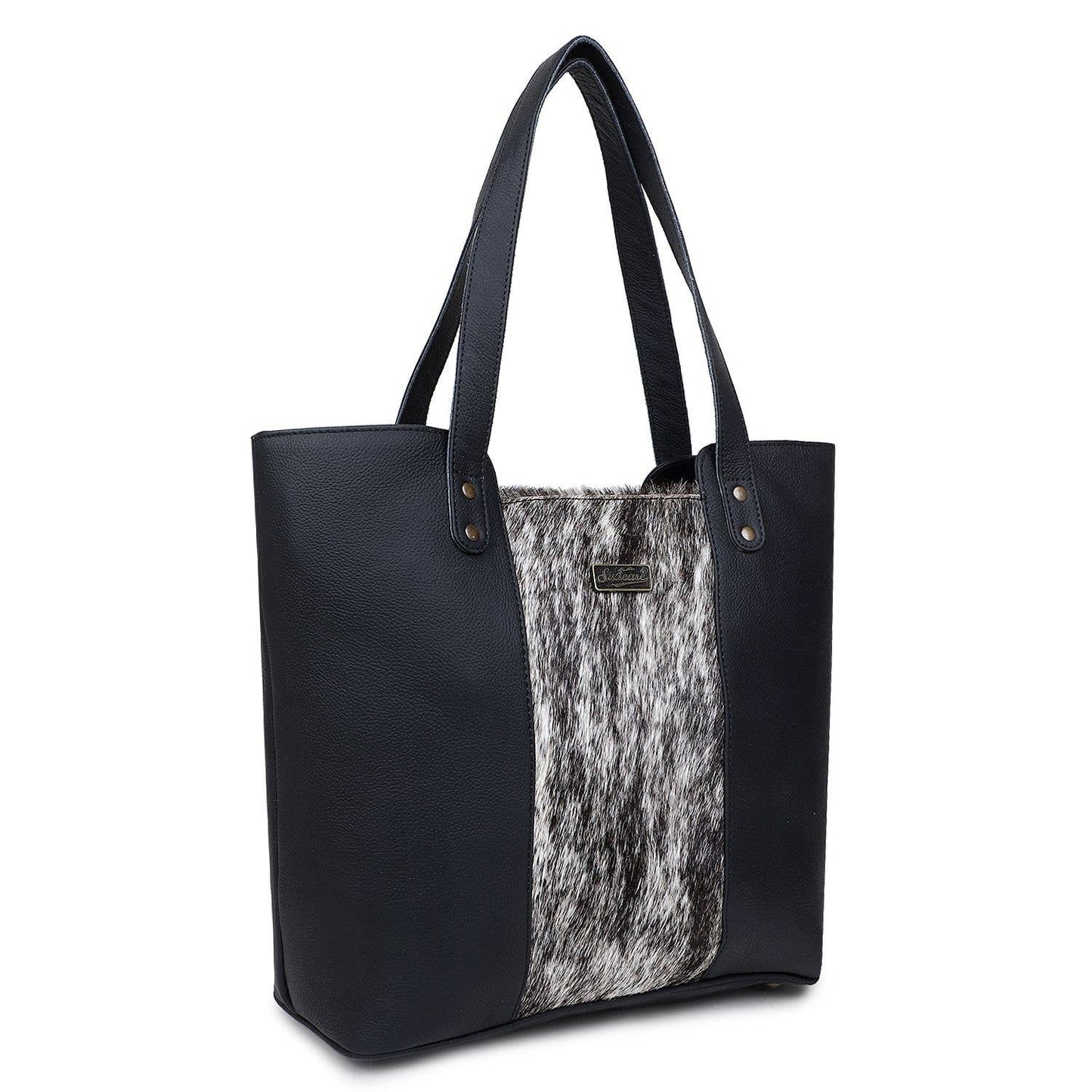 Leather and Cowhide Women's Tote Bag - Black White