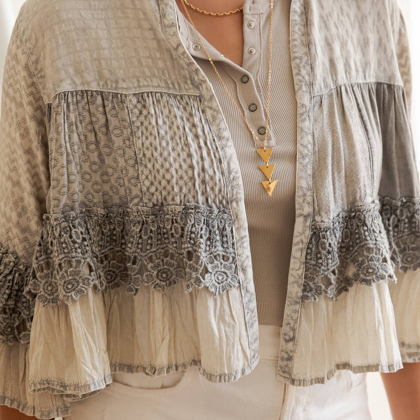Mineral Wash Tiered Crochet Lace Open Front Shrug