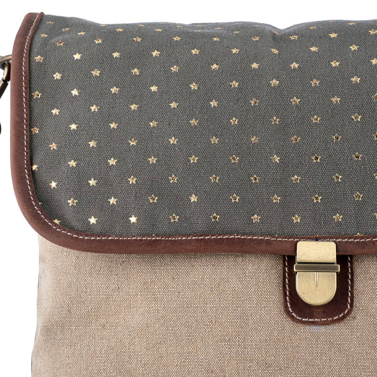 Canvas Leather "Gold Stars" Women Shoulder Bag - Sand/green