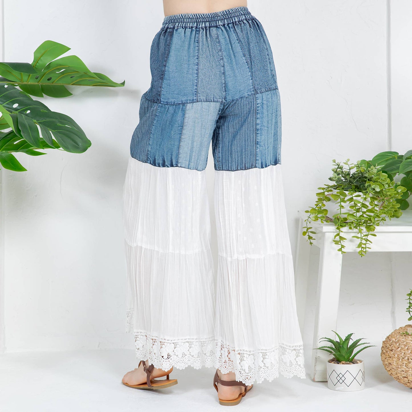 Boho-Inspired Long Denim Pants with Solid Patches