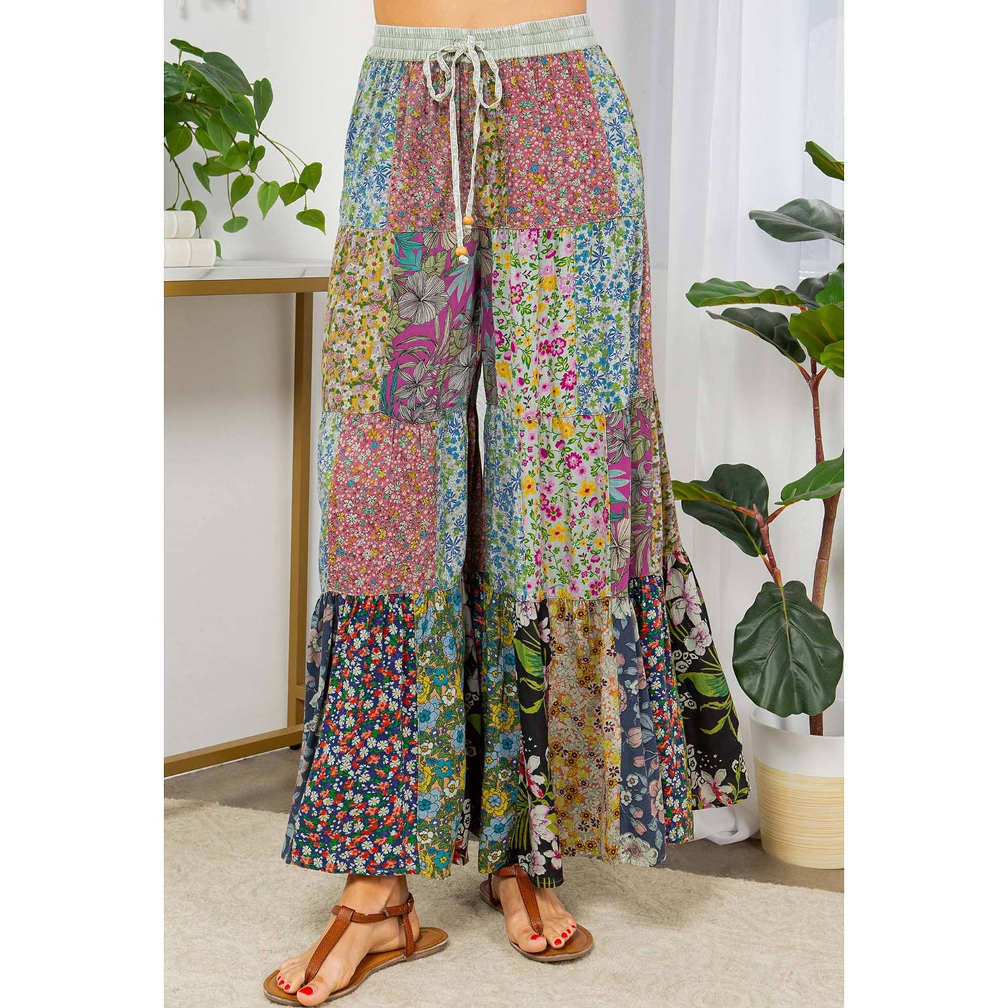 Printed Patchwork Overdyed Pants With 4 Tiers