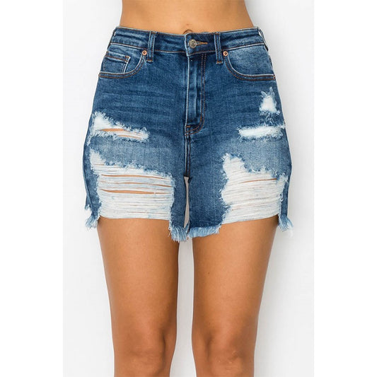 Heavily distressed Dark denim mom shorts