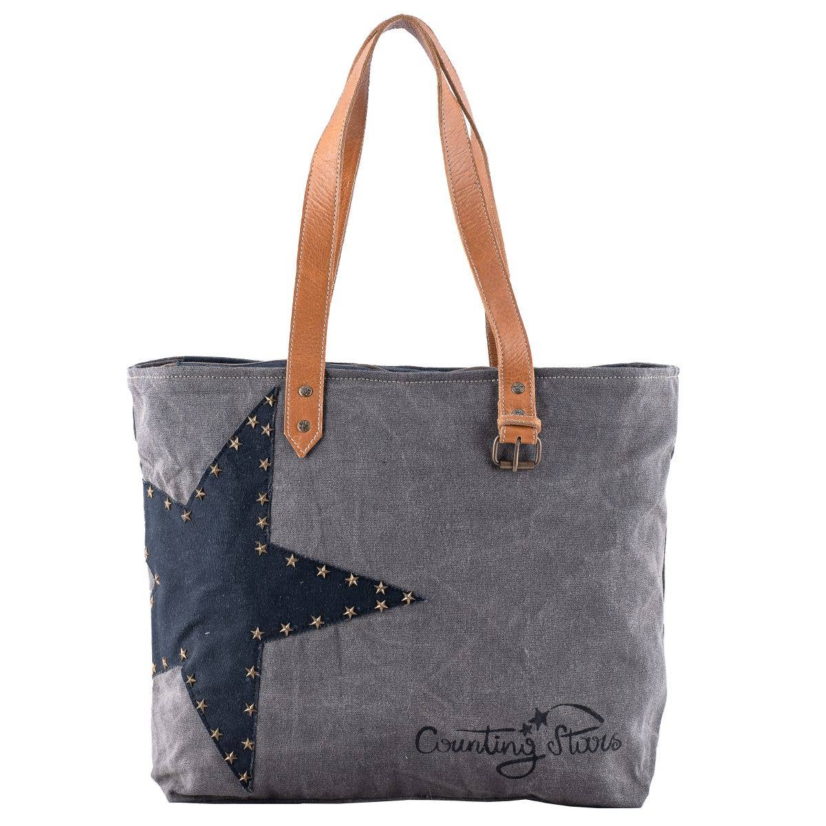 Canvas Leather Metal Stars Women's Tote Bag - Gray