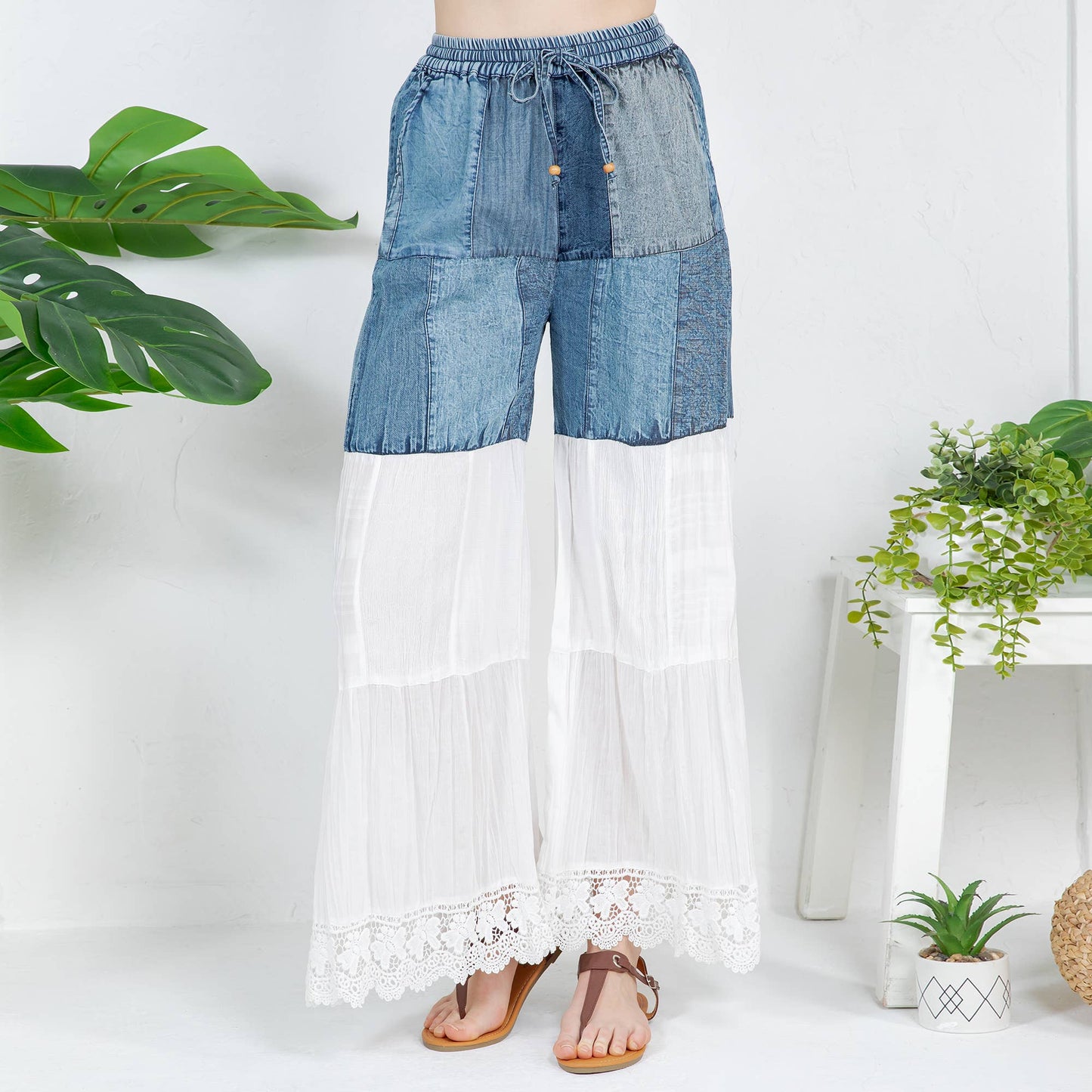 Boho-Inspired Long Denim Pants with Solid Patches