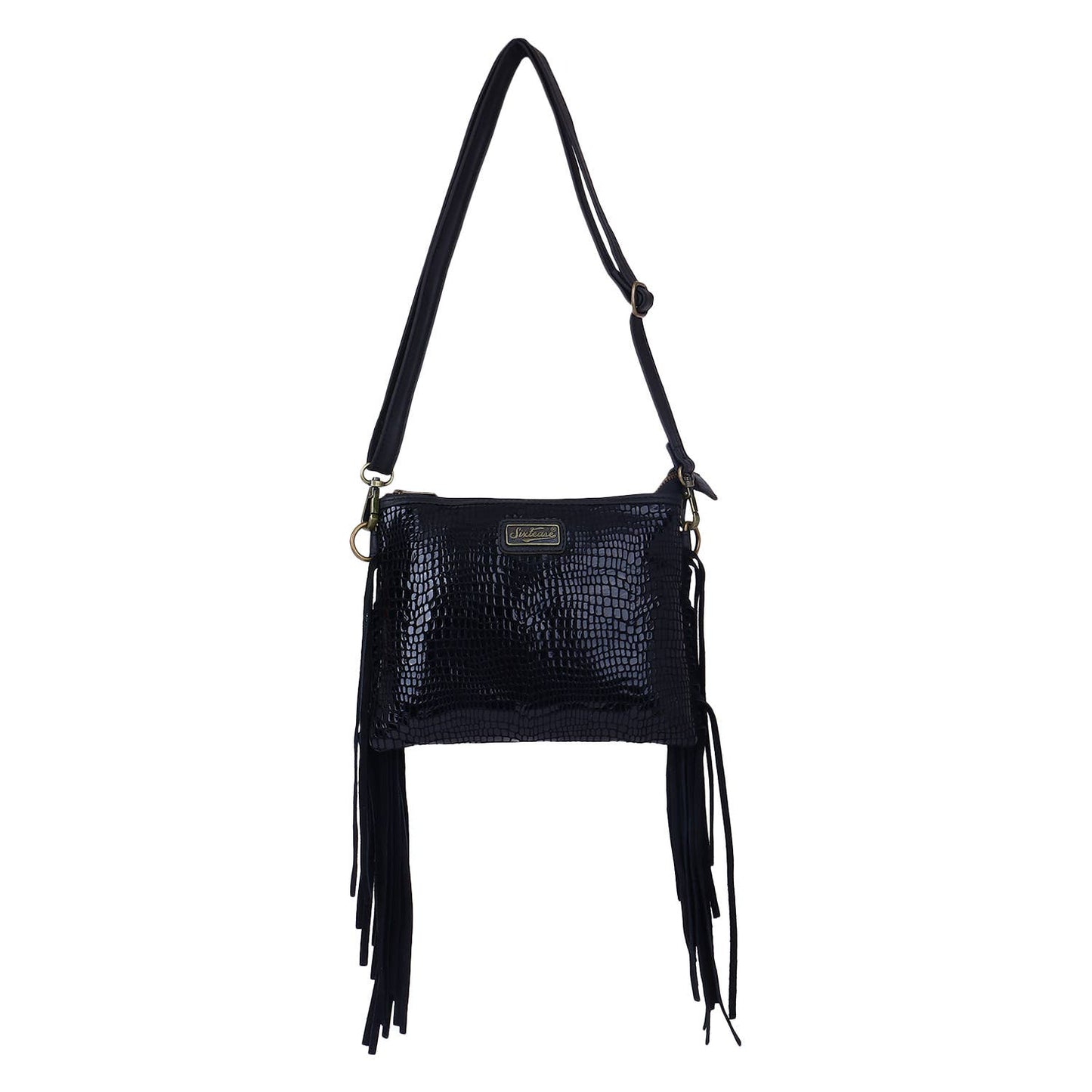 Leather Suede Fringed Women Sling - Black Croco Print