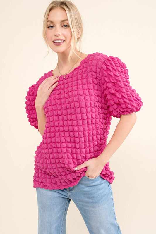 ATW14905 - Bubble Textured Round Neck Blouse Top: M / Fuchsia