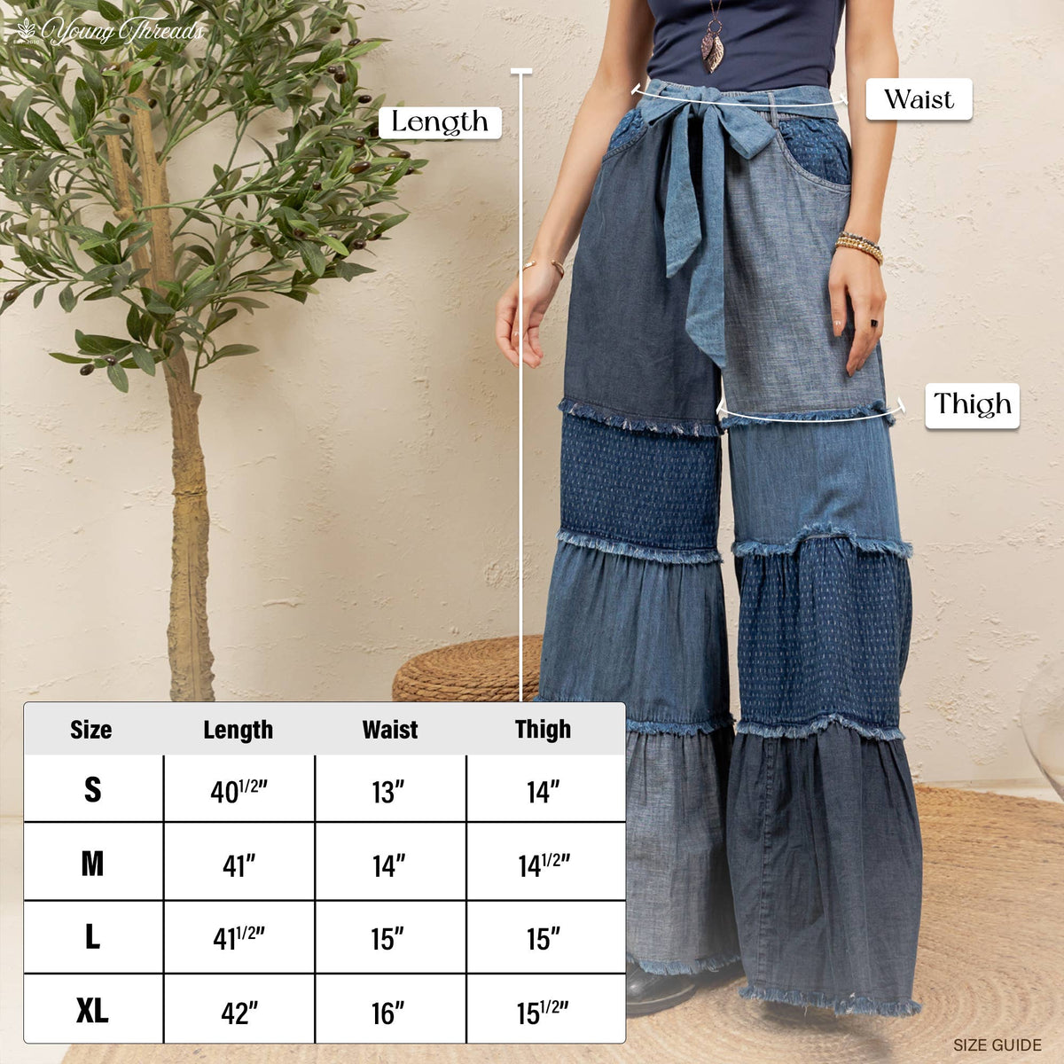 Boho Mixed-Denim Bell-Bottom Pant
