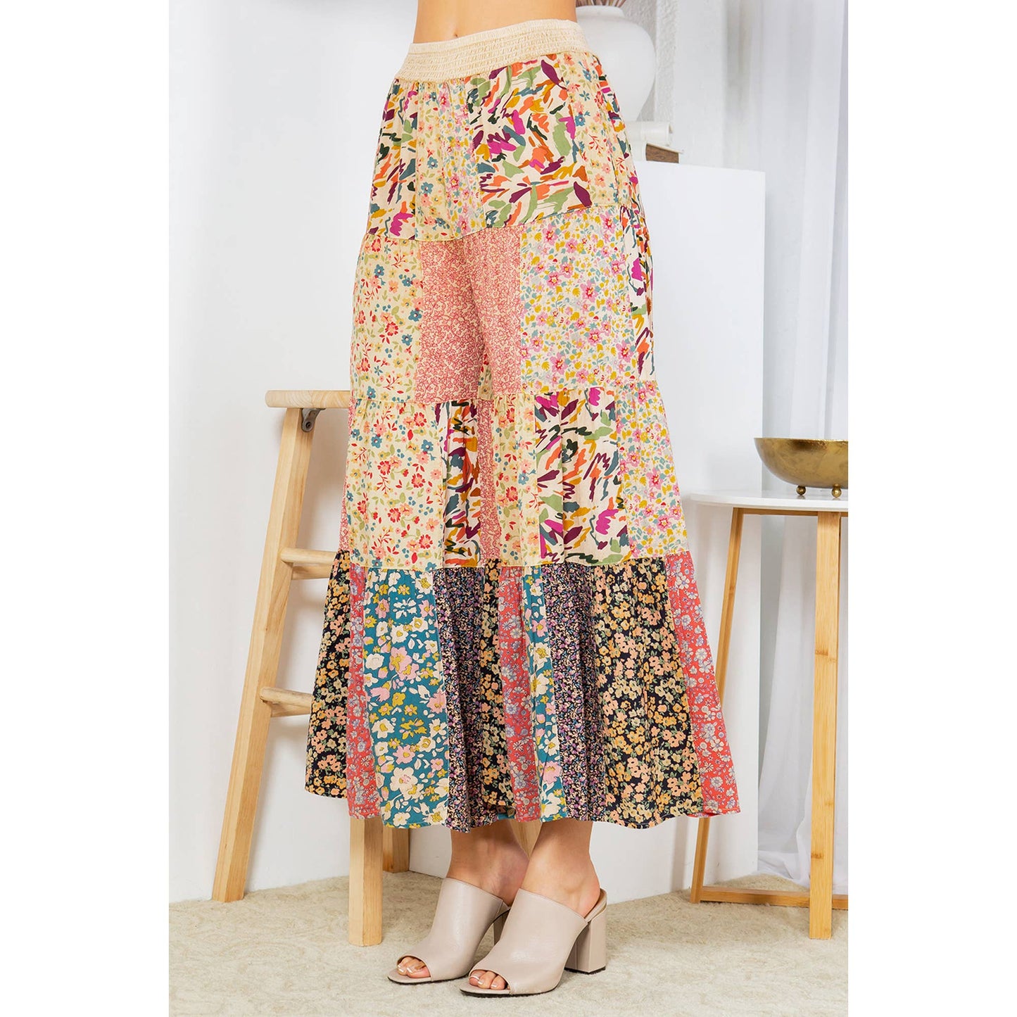 Printed Patchwork Overdyed Pants With 4 Tiers