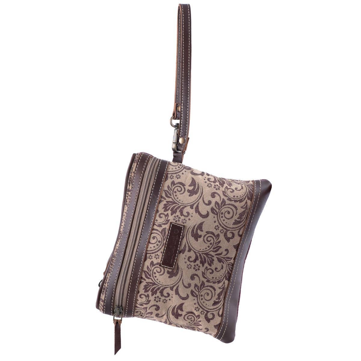 Canvas Leather Rustic Print Women's Wristlet - Sand/rust