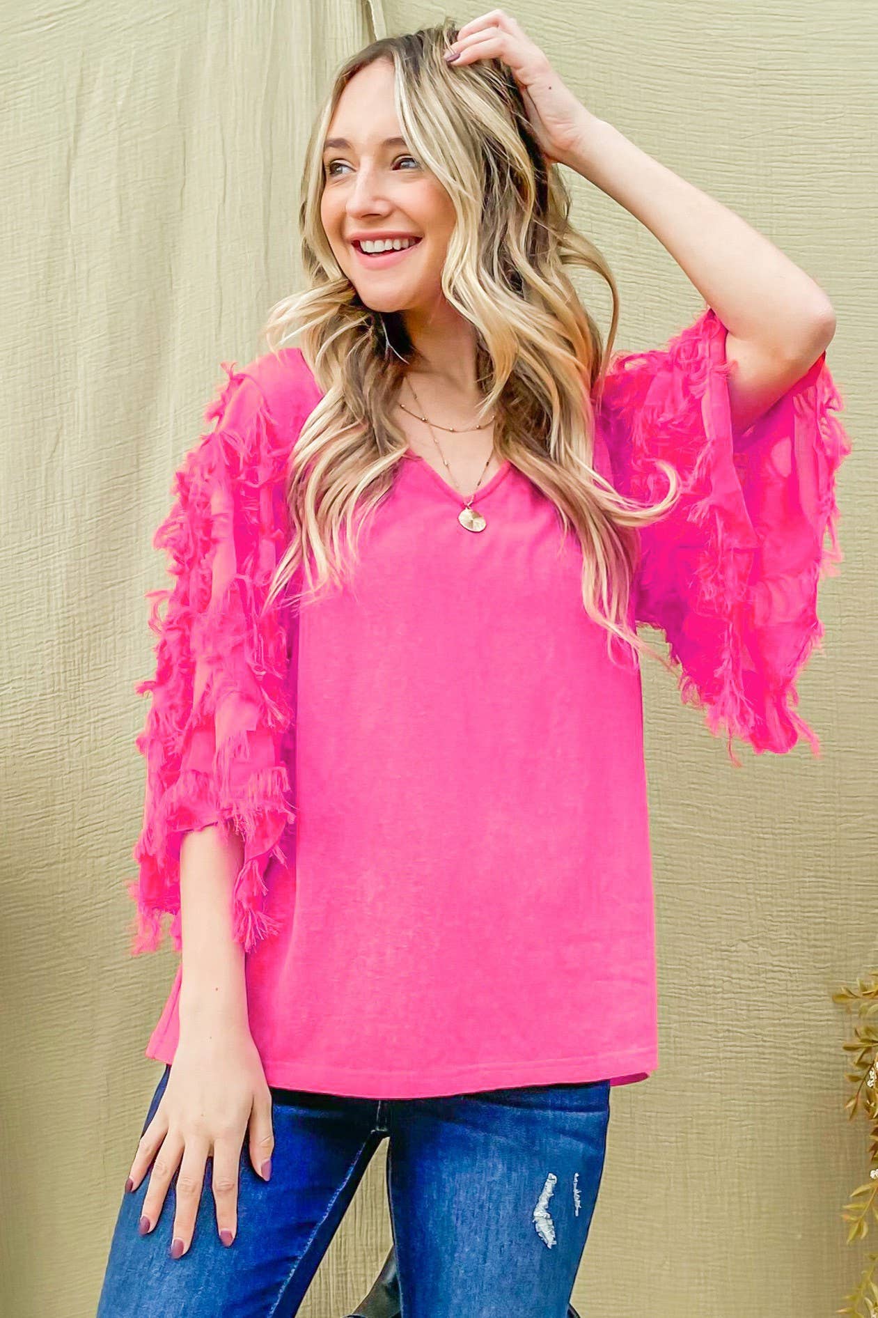 ATW13588-1 - Feather Detailed 3/4 Sleeve Slub Top: M / Black