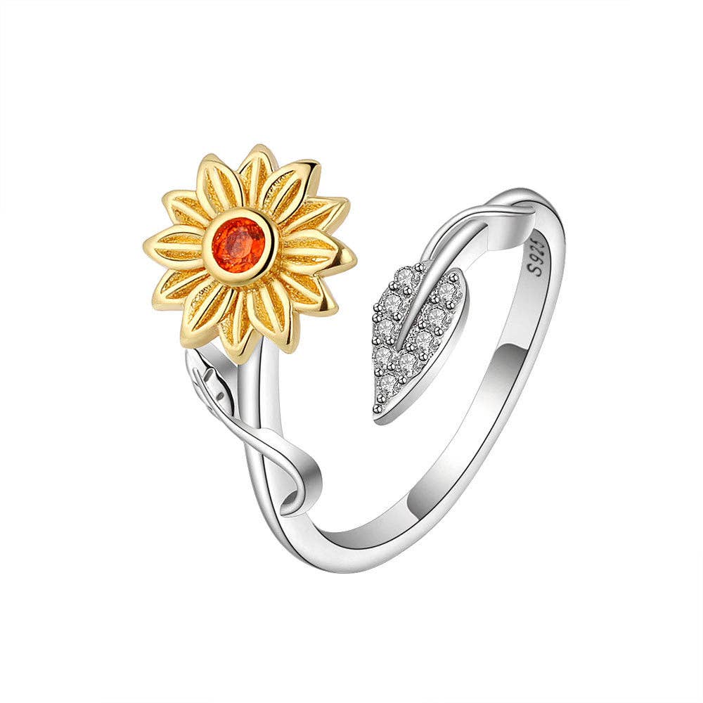 Sunflower Anxiety Fidget Spinner Ring in 925 Sterling Silver