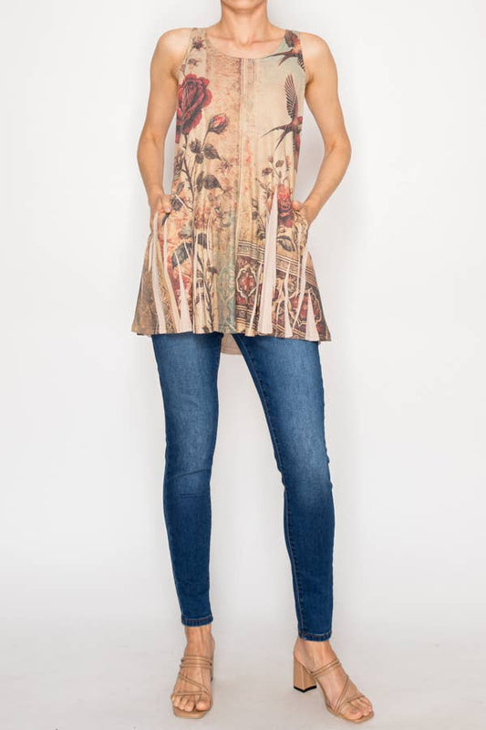 Soft Flowy Tunic Tank with Hidden Pockets - 501-T16TP-VINTAGE BI
