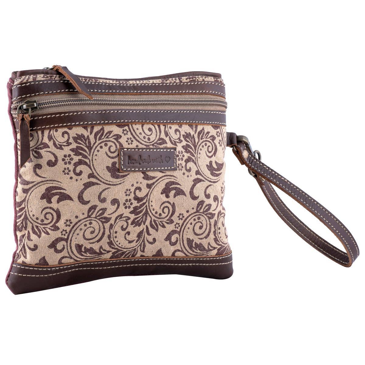 Canvas Leather Rustic Print Women's Wristlet - Sand/rust
