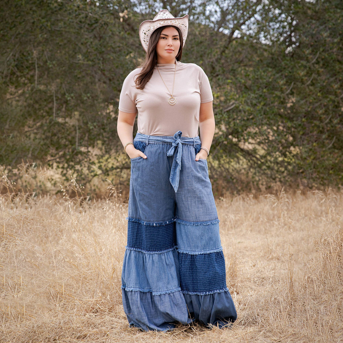 Boho Mixed-Denim Bell-Bottom Pant