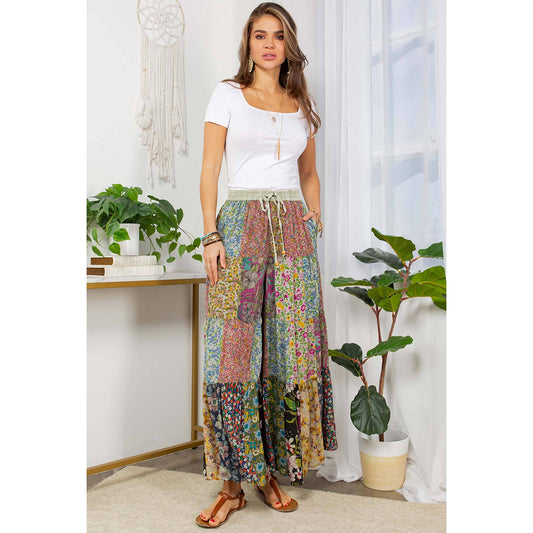 Printed Patchwork Overdyed Pants With 4 Tiers