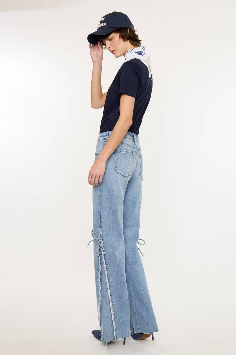 FRAYED AND TIED FLARE DENIM